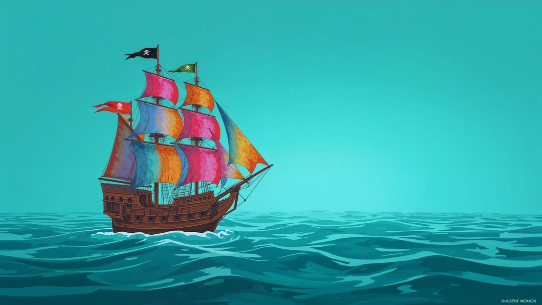Colorful Pirate Ship with Patchwork Sails Sailing at Sea