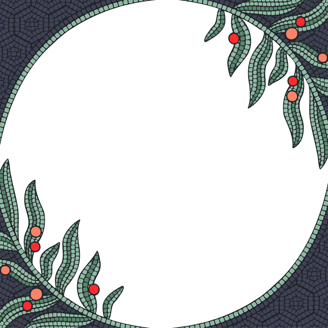 Transparent Geometric Mosaic Circle with Green Leaves and Red Berries