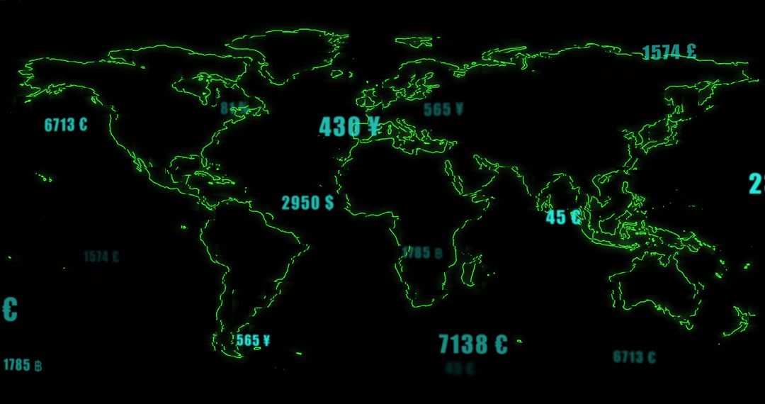 Neon Digital World Map Showing Currency Values and Futuristic Financial Data HUD Dashboard