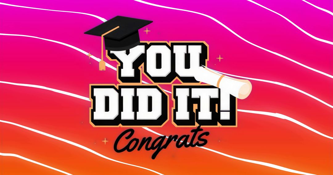 You Did It! Congrats Graduation Banner with Diploma, Mortarboard on Vibrant Gradient