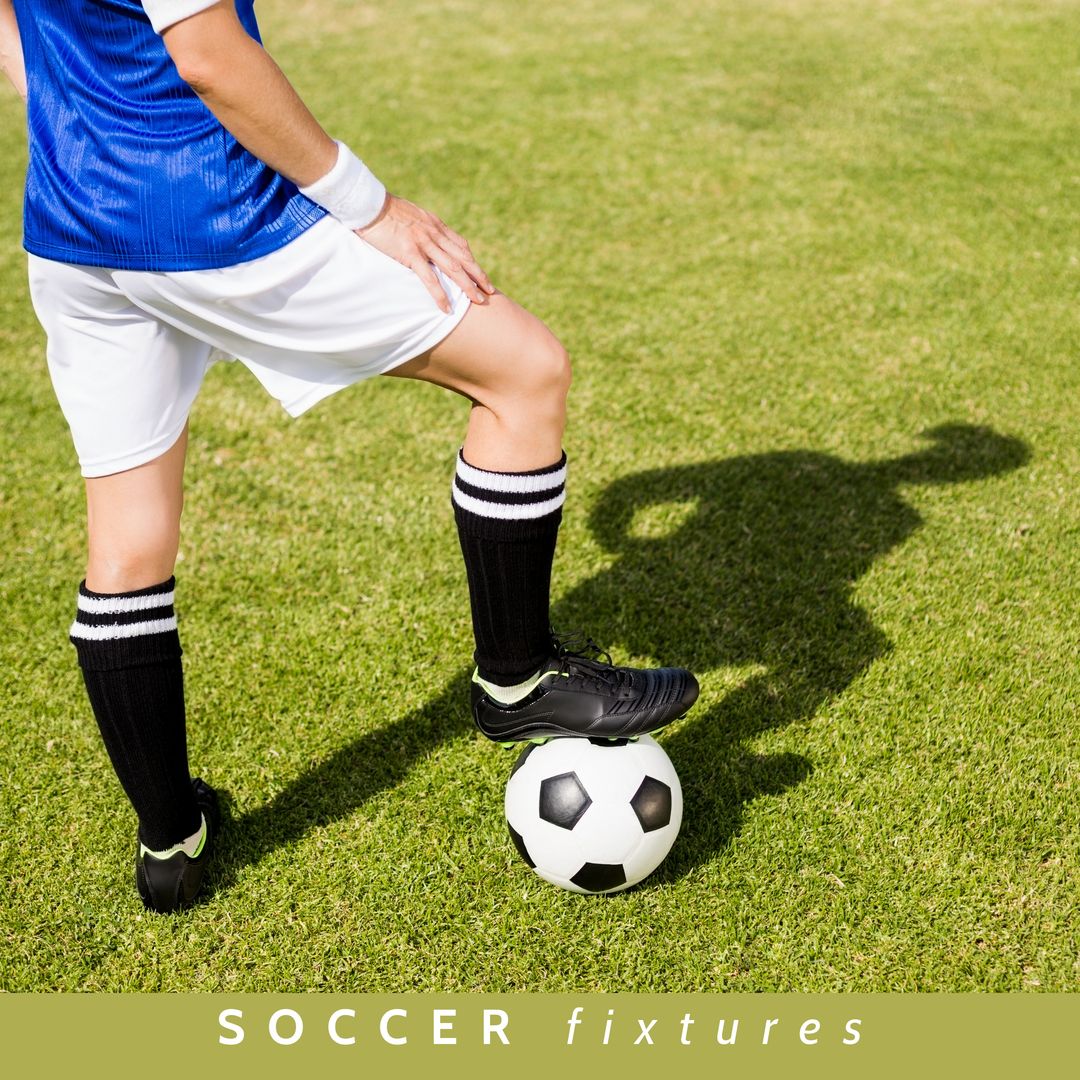 Composition of soccer fixtures text with caucasian football player with football on pitch - Download Free Stock Templates Pikwizard.com