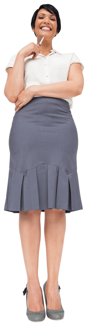 Smiling Biracial Businesswoman with Pen on Transparent Background