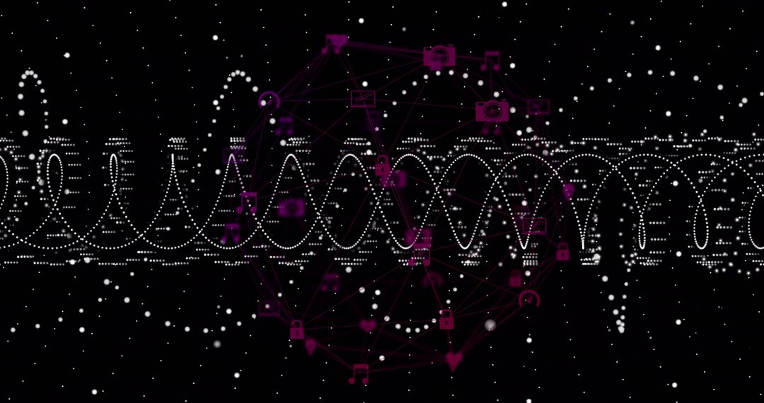 Abstract Digital Network with Binary Sine Wave and Magenta Icons