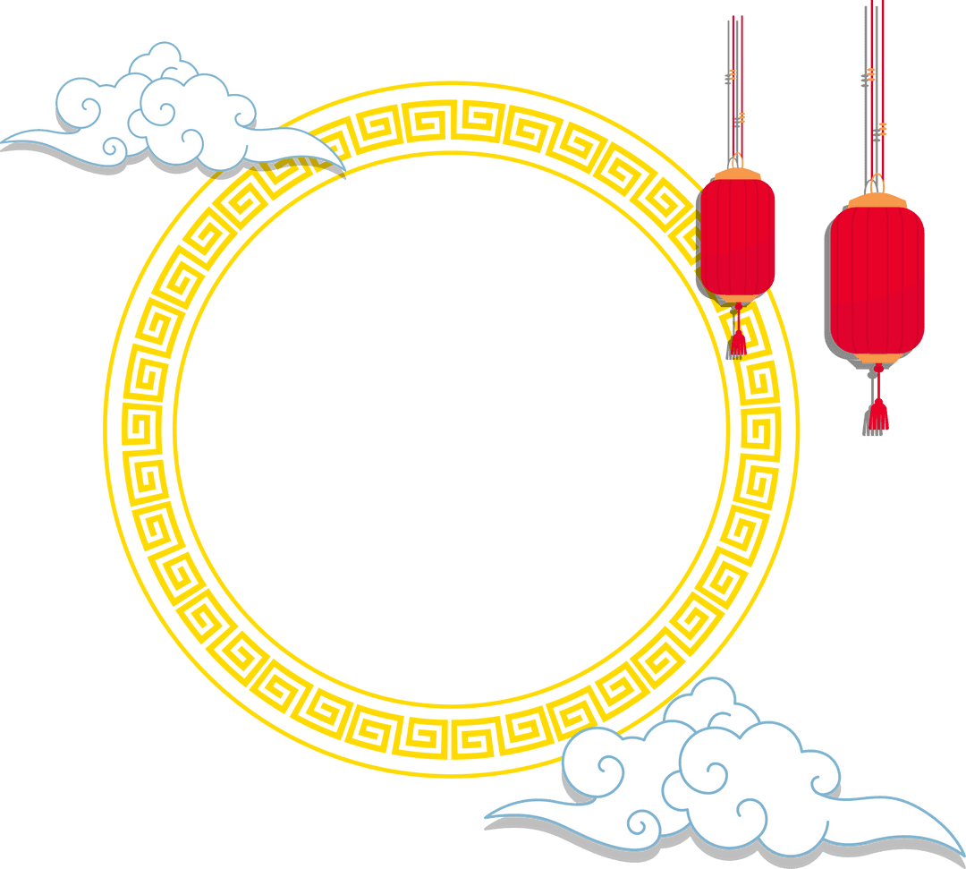 Golden Chinese Ornamental Frame with Lanterns and Clouds on Transparent Background