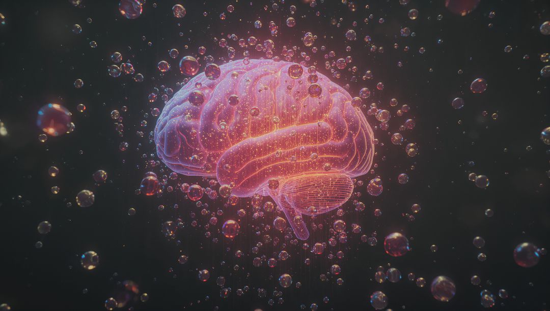 Futuristic Neon Brain Model with Grid Overlay in Virtual Space