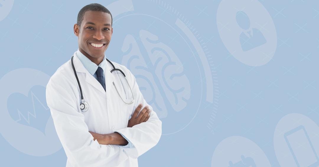 Portrait of a confident male doctor standing against blue background  - Free Images, Stock Photos and Pictures on Pikwizard.com