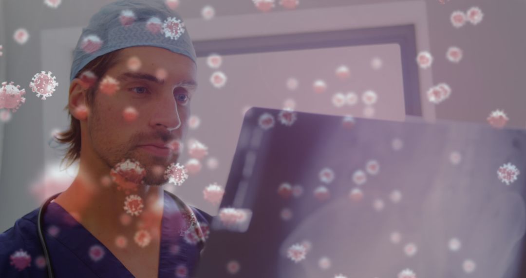 Doctor Analyzing X-ray with Floating Covid-19 Cells Overlay