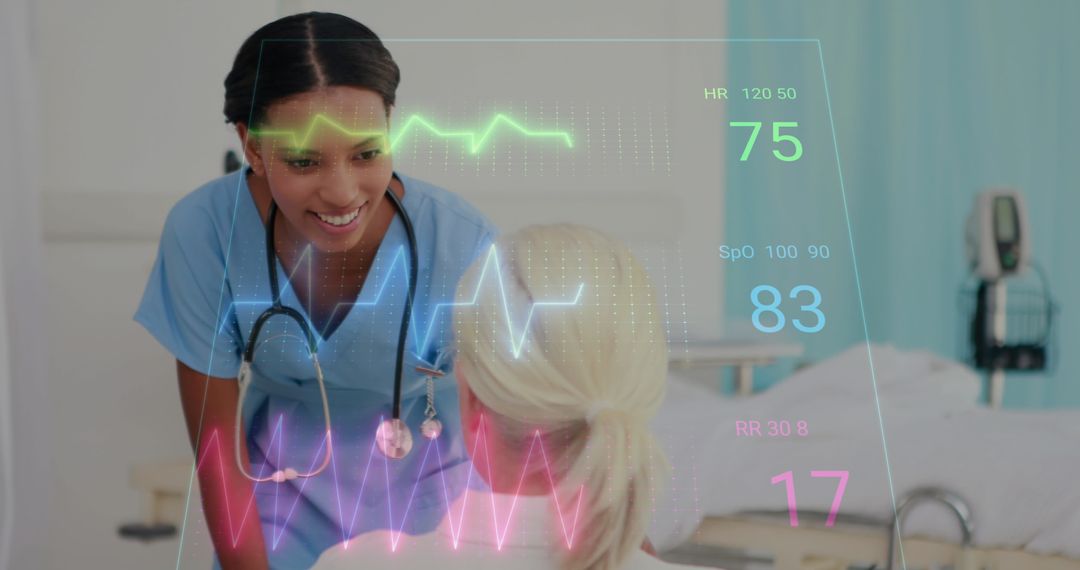 Nurse Monitoring Digital Vital Signs While Smiling at Patient