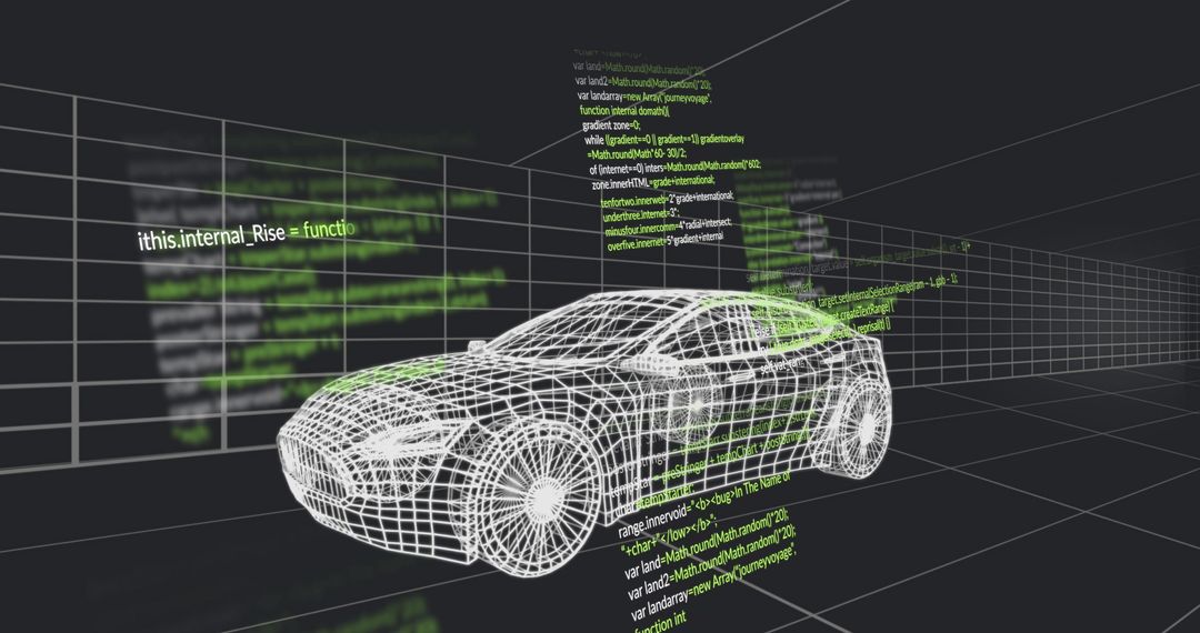 Futuristic Wireframe Sports Car in Virtual Grid with Code