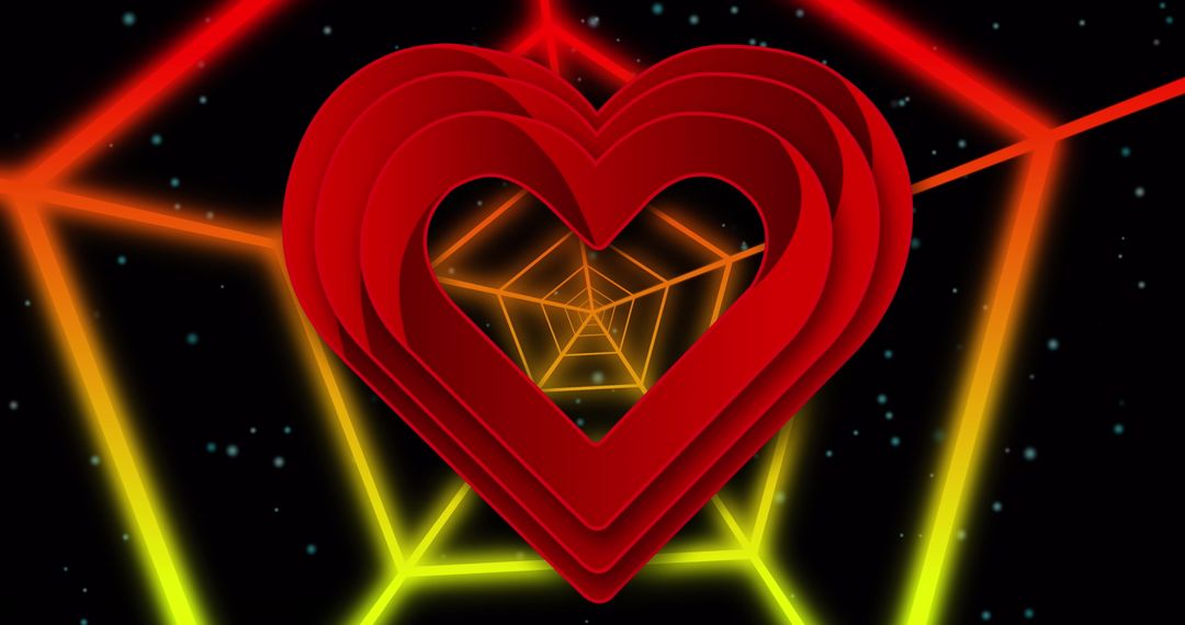Red Heart Symbol Centered in Neon Hexagonal Tunnel Artistic Concept