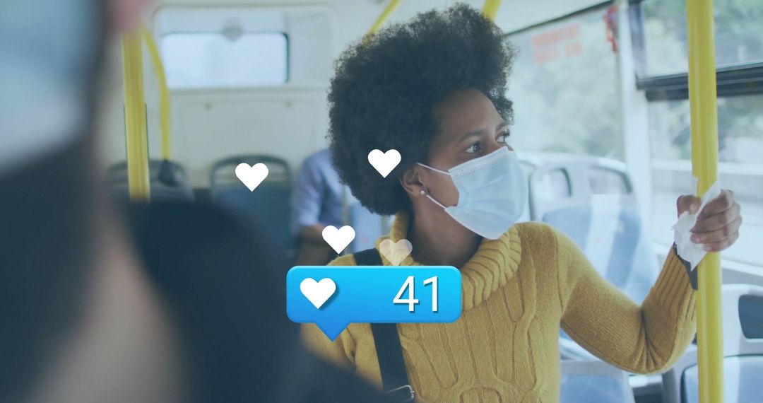 Woman in Mask on Bus Interactive with Social Media Likes Overlay
