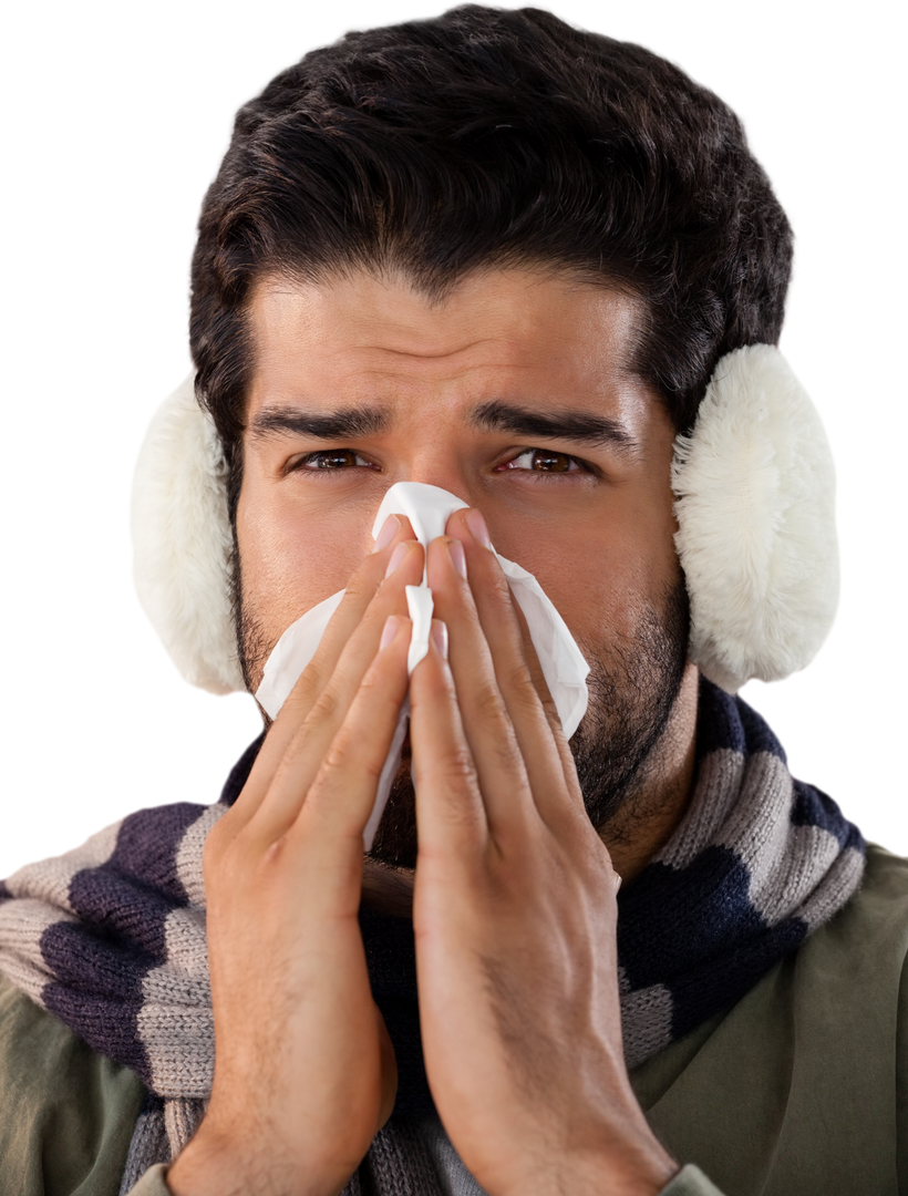 Transparent Image of Man Wearing Ear Muffs Blowing Nose with Tissue - Download Free Stock Images Pikwizard.com