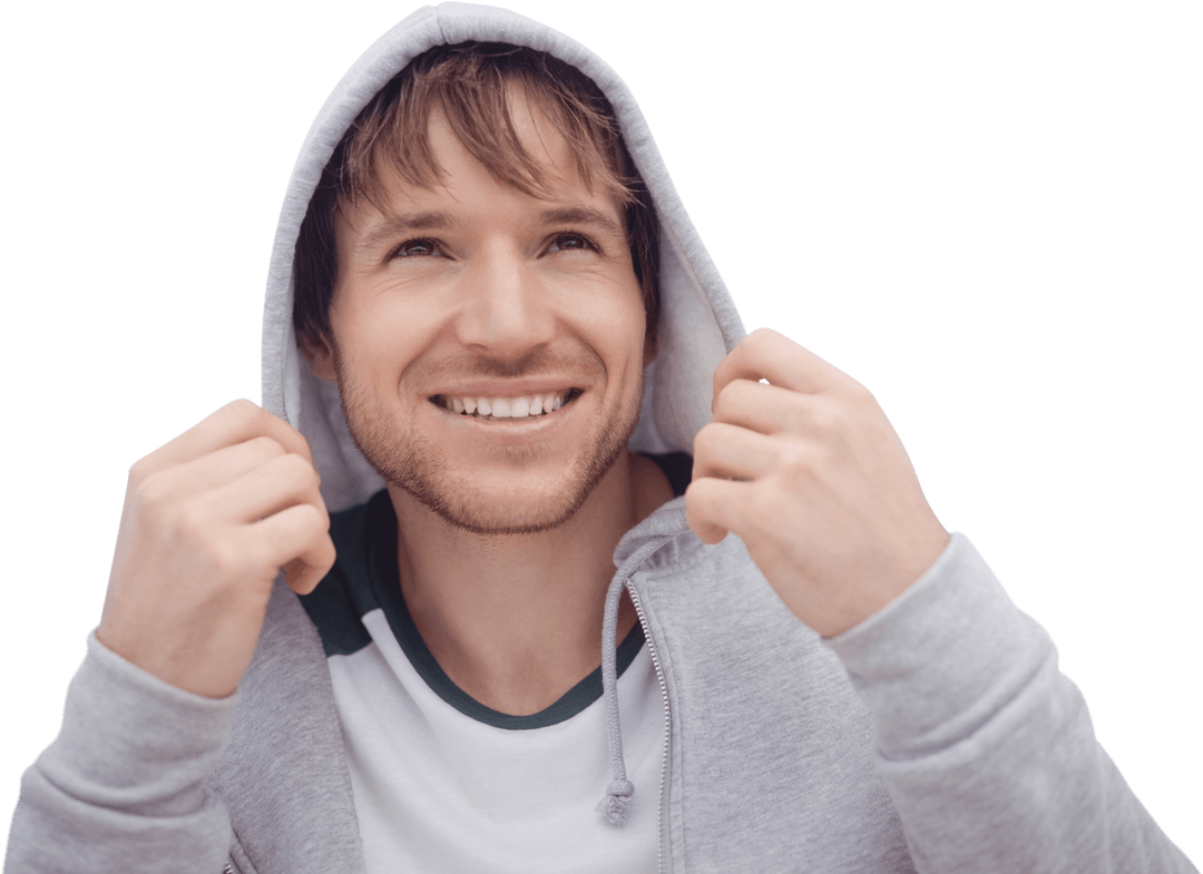 Cheerful Caucasian Man in Hoodie Smiling on Transparent Background