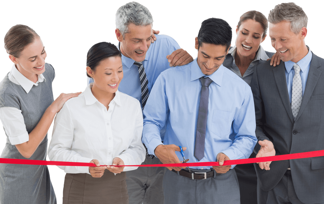 Diverse Business Team Celebrating Victory with Transparent Ribbon Cutting