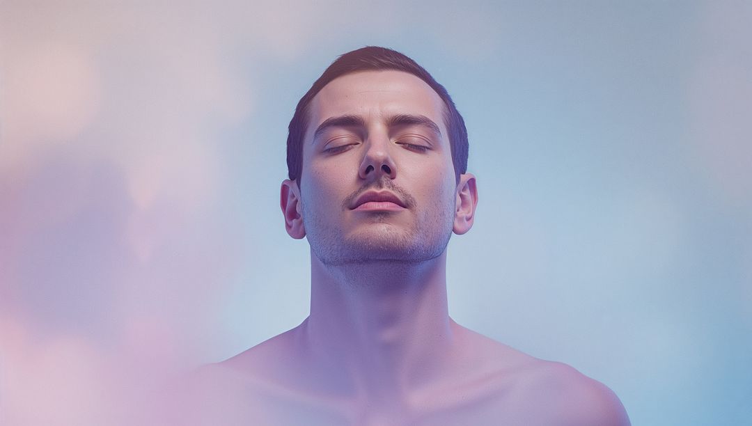 Serene Expression of Shirtless Man with Gentle Gradient Background