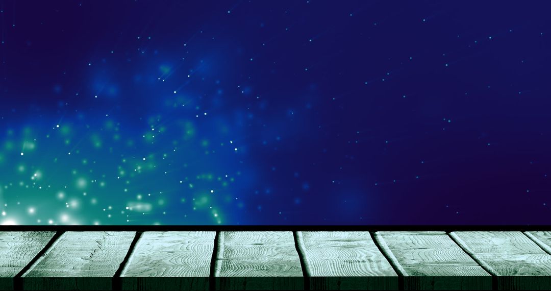 Abstract Lights over Blue Gradient Sky and Wooden Surface