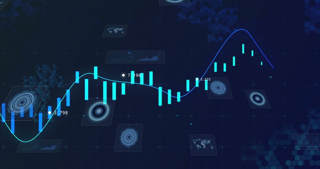 Futuristic Financial Graph with Glowing Candlestick Bars and Data Panels
