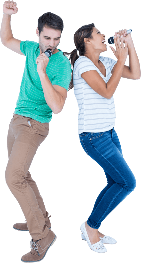 Dynamic Friends Singing Back to Back on Transparent Background