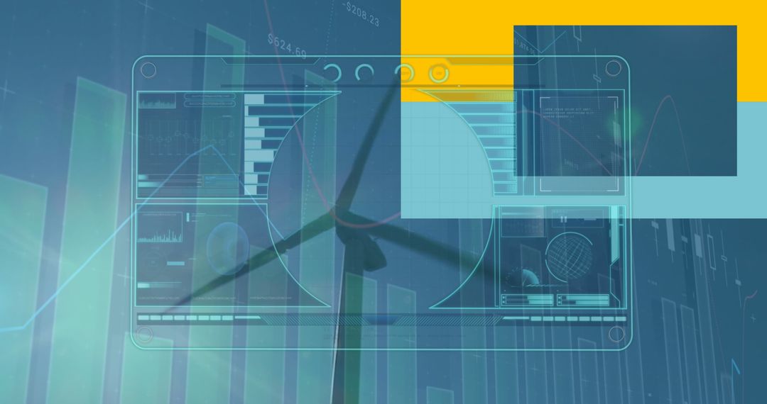 Futuristic Data Dashboard Overlaying Wind Turbine