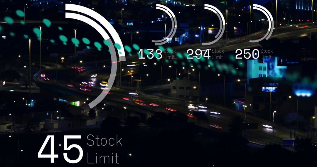 Digital Interface and Data Graphs Over Night City Traffic