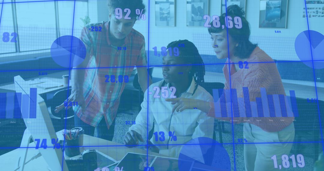 Team Analyzing Financial Reports with Overlaying Digital Data