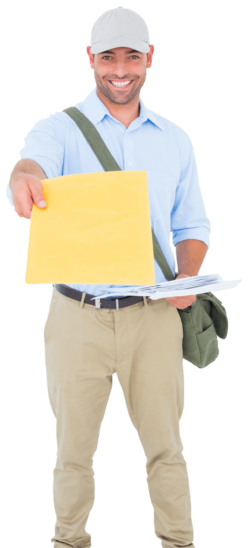 Transparent Background Postman Delivering Mail Package with Smile