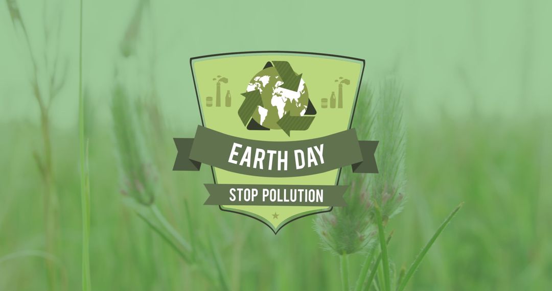 Earth Day Stop Pollution Emblem on Grass Background