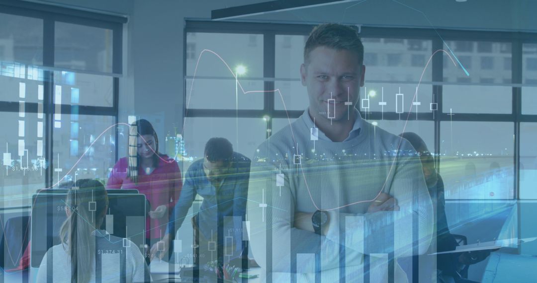 Business Team Collaborating with Digital Interface Overlays