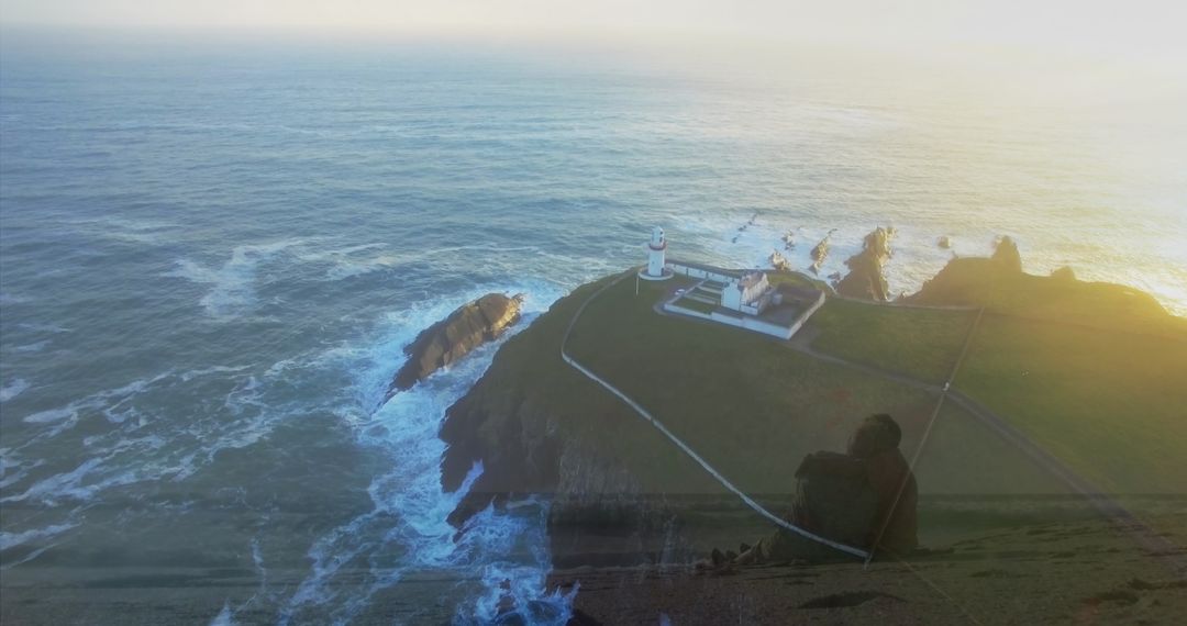 Aerial View of Waterfront Cliffs with Embracing Couple Overlapped