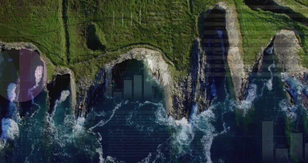 Aerial View of Coastal Cliffs with Overlaid Financial Graphs