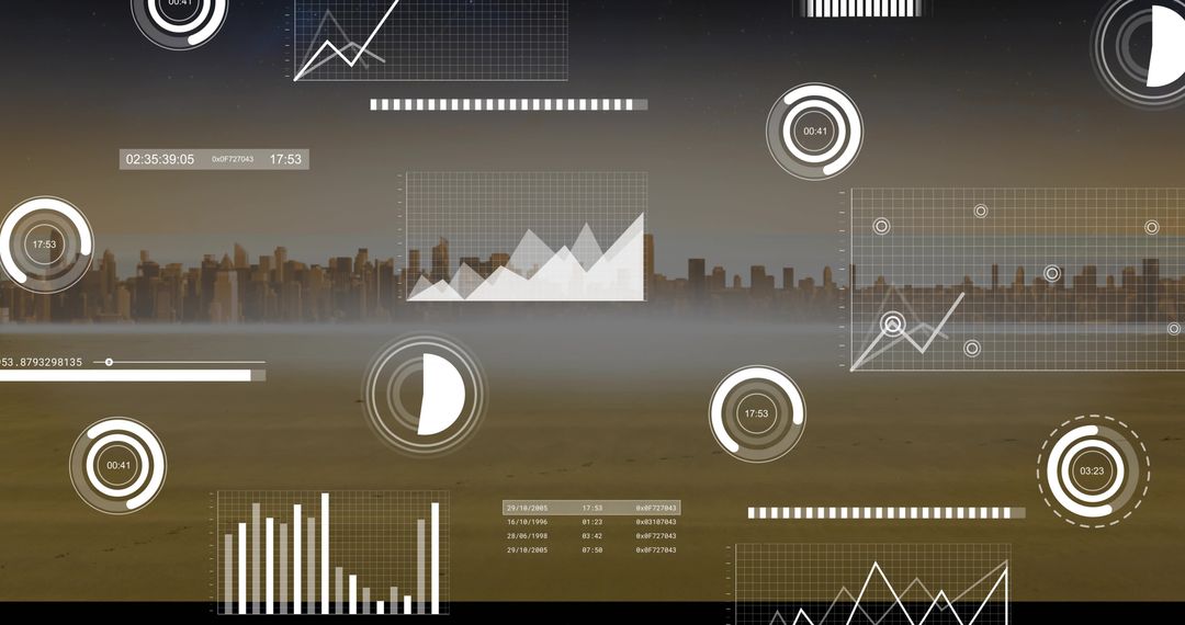 Futuristic HUD Analytics Overlay Merging with Distant City Skyline on Misty Salt Flat at Dusk