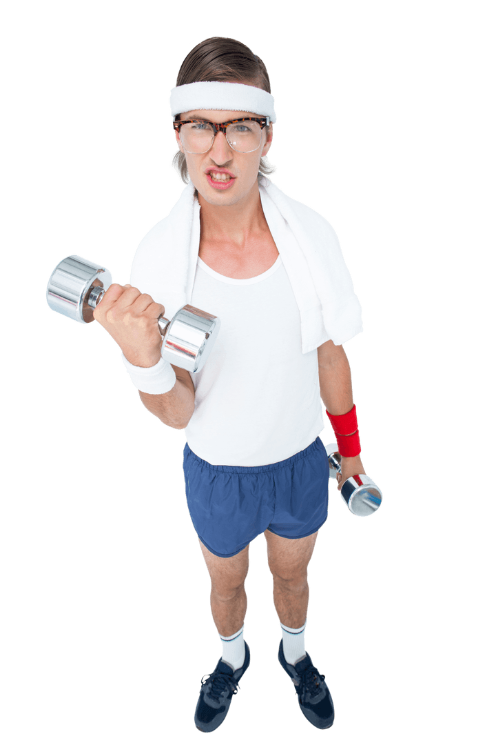 Eccentric Transparent Hipster Exercising with Dumbbells Chin Elevated