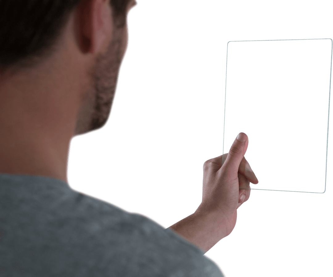 Man Holding Transparent Glass Digital Tablet Back View
