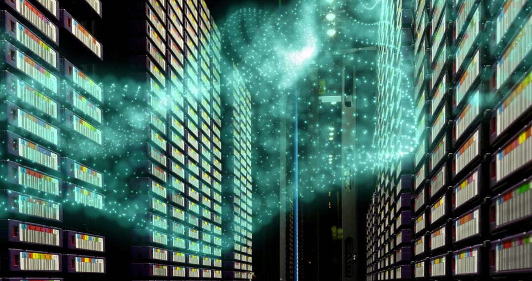 Neon Digital Waves Flowing Between Illuminated Skyscrapers