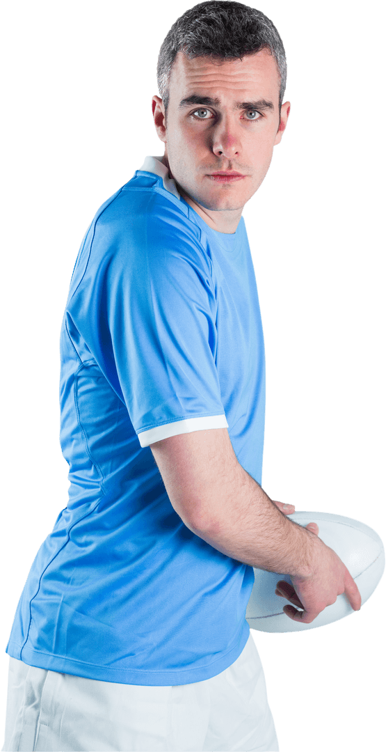 Rugby Player in Blue Preparing to Pass a Ball on Transparent Background