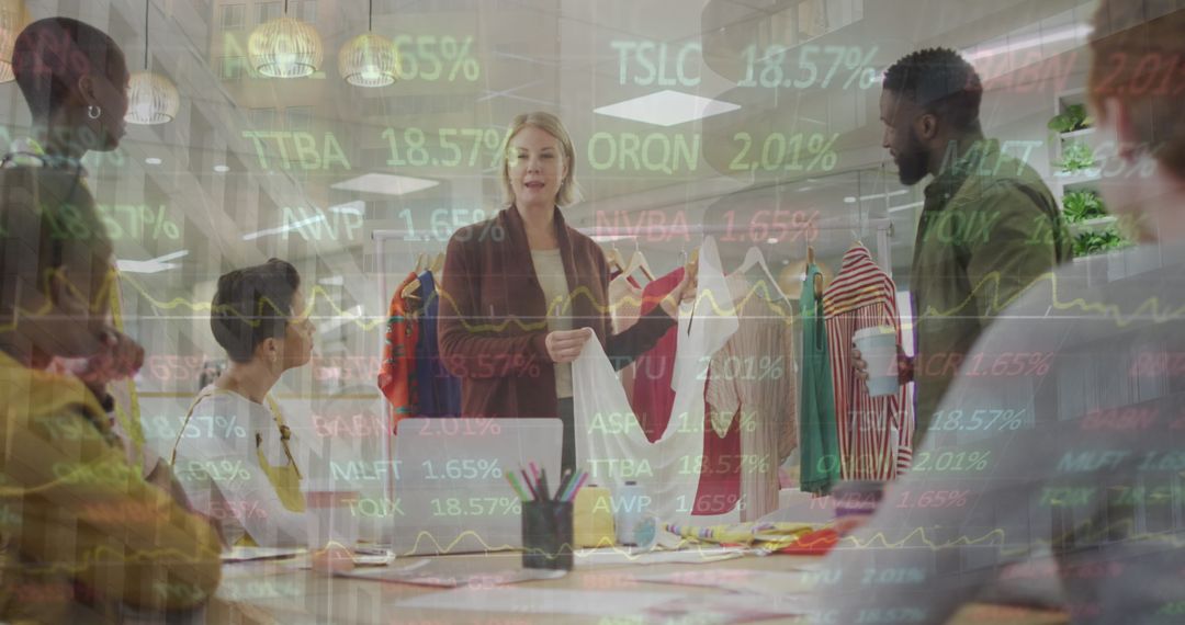 Multiracial Team Collaborates with Financial Data Overlay