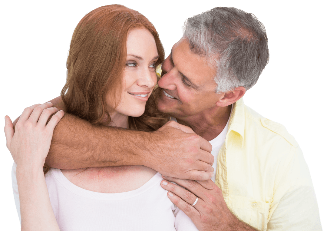 Transparent Couple Smiling and Embracing With Genuine Affection