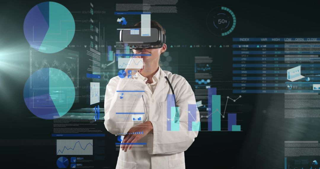 Doctor Using VR Headset with Complex Digital Interface Graphics