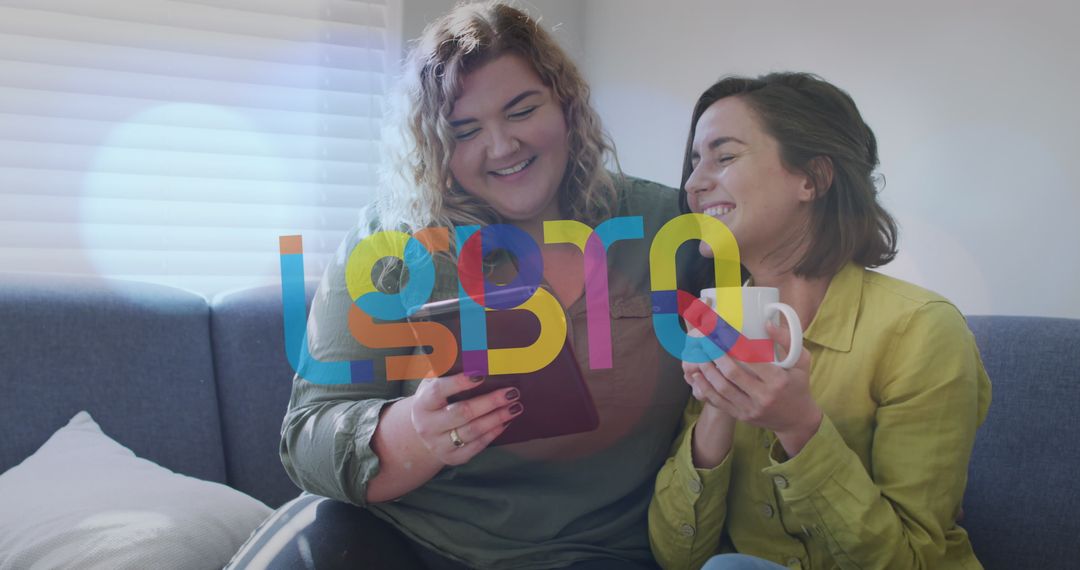 Happy Lesbian Couple Using Tablet Supporting LGBTQ Rights at Home