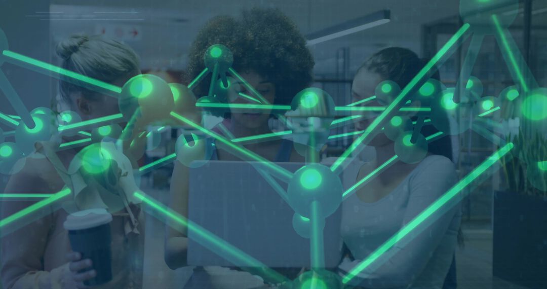 Team Collaborating on 3D Digital Network in Modern Office