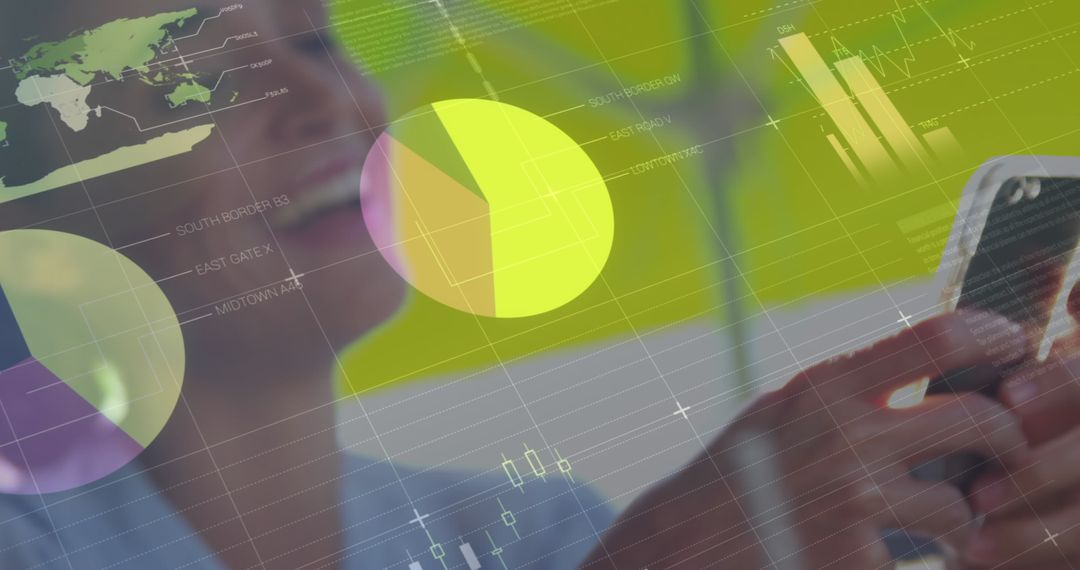 Woman Engaged in Smartphone with Dynamic Data Visualization Overlay