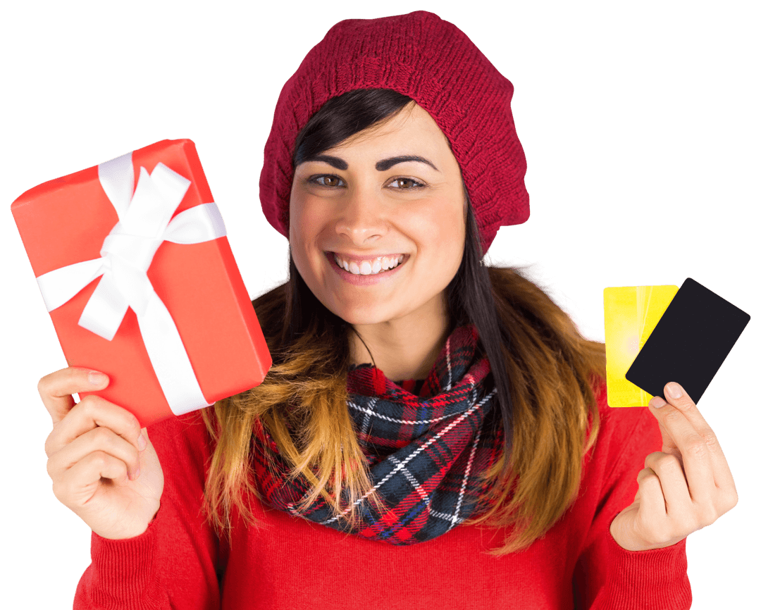 Smiling Woman Holding Gift Box and Credit Cards on Transparent Background