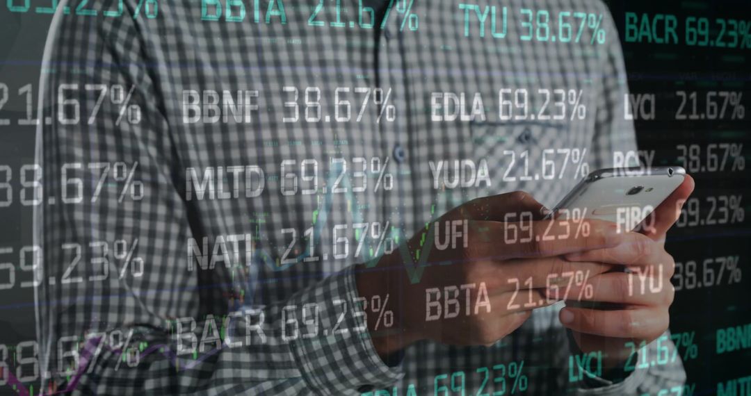 Businessman Using Smartphone Amidst Financial Data Graphics