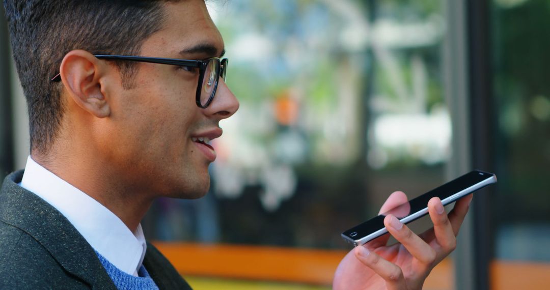 Young Businessman Using Voice Assistant on Smartphone Outdoors - Free Images, Stock Photos and Pictures on Pikwizard.com