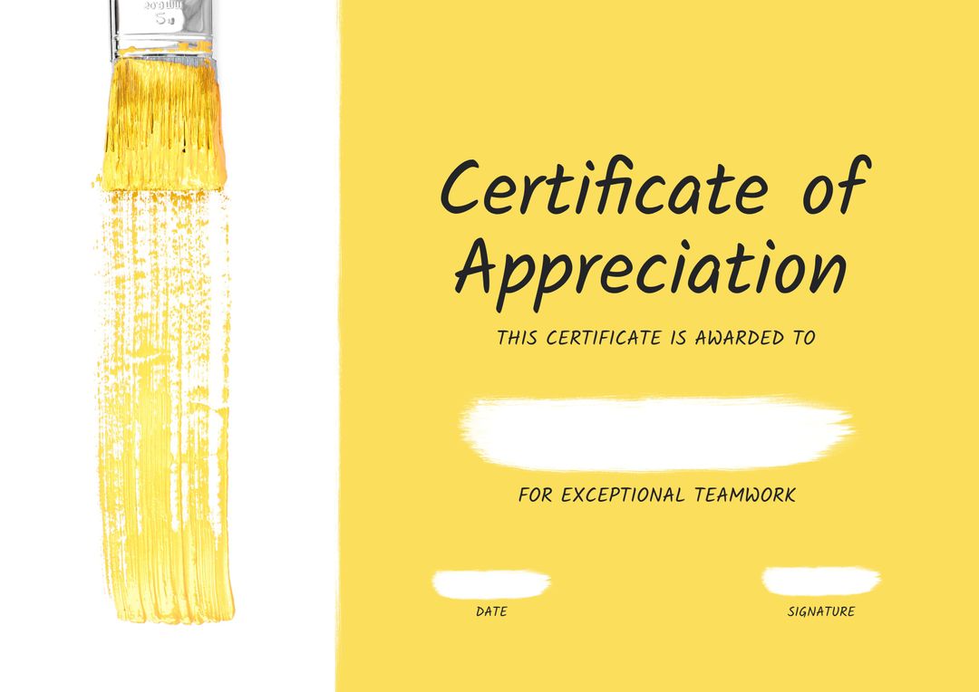 Certificate of Appreciation for Exceptional Teamwork with Yellow Brush Effect - Download Free Stock Templates Pikwizard.com