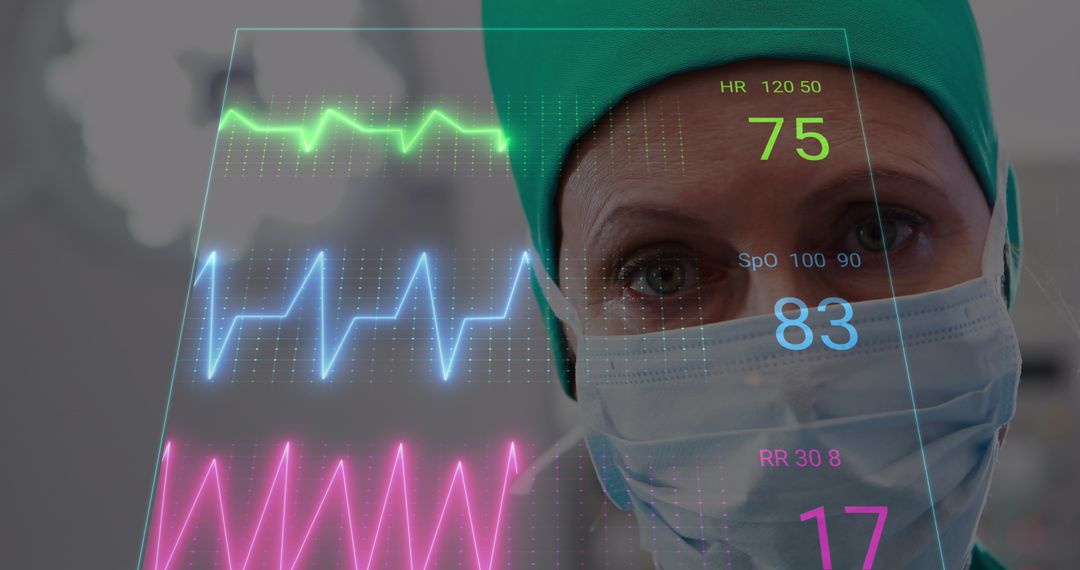 Female Surgeon Analyzing Medical Data on Transparent Display