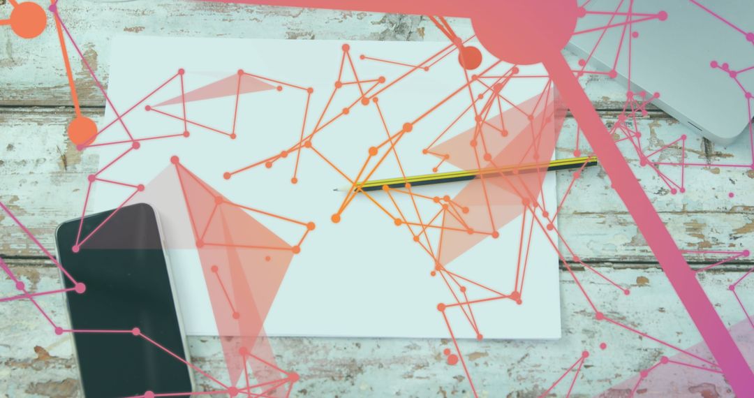 Plexus Networks with Laptop and Mobile on Wooden Table