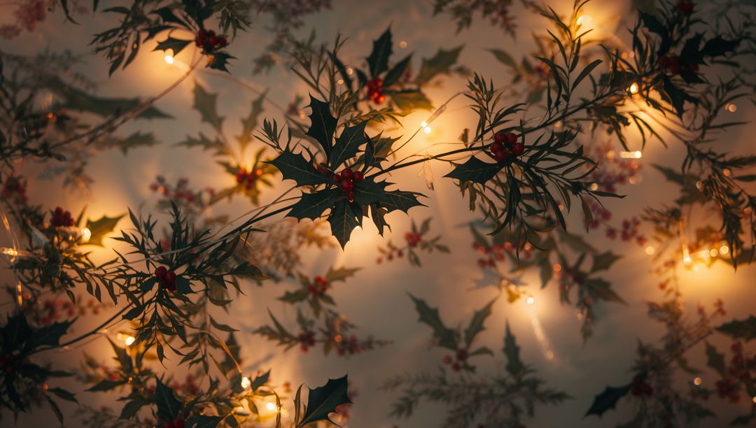 Warm Holiday Holly Garland with Glowing String Lights and Soft Bokeh