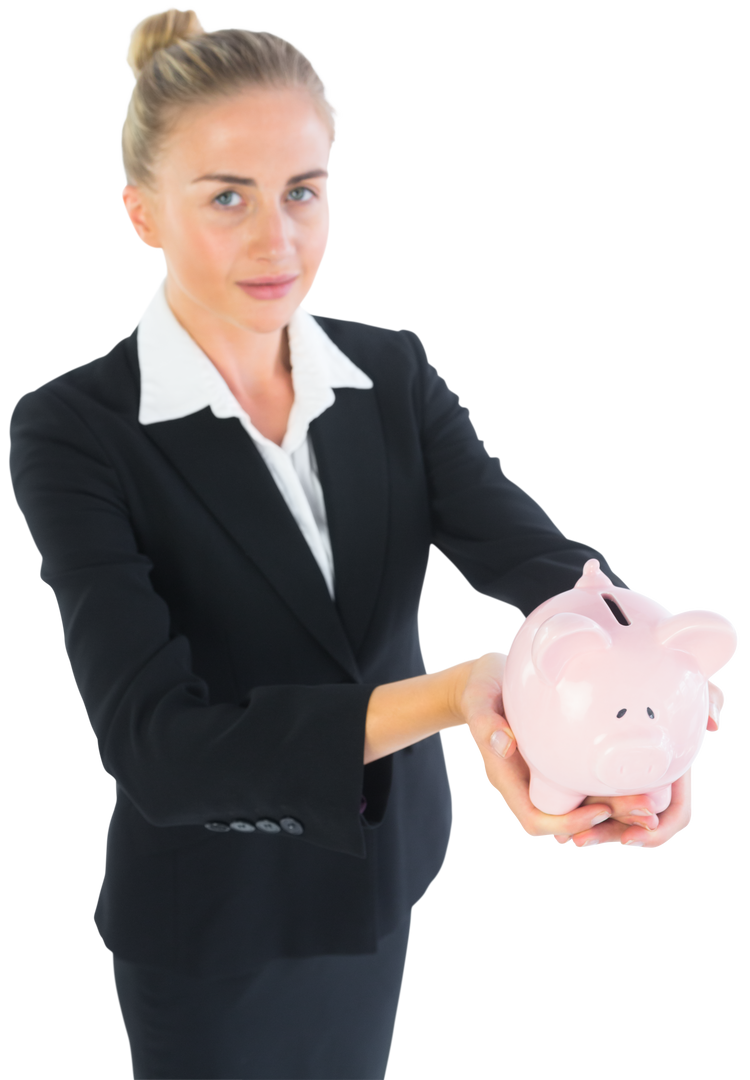 Transparent Young Businesswoman Presenting Pink Piggy Bank with Smile - Download Free Stock Images Pikwizard.com