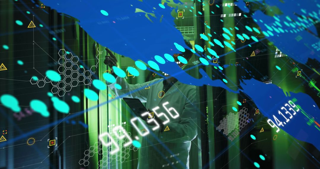 Futuristic Data Processing Concept with Digital Overlay in Server Room
